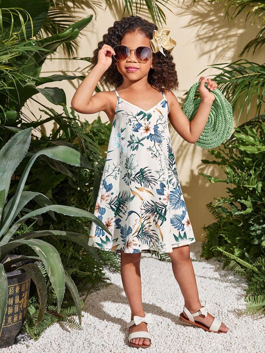 SHEIN 年轻女孩印花雪纺休闲吊带连衣裙 - 彩色 - 查看 1