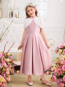 SHEIN 青少年女孩优雅撞色拼接工字背设计立领连衣裙 - 粉色 - 查看 11