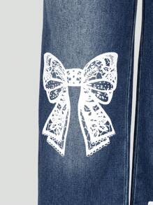 SHEIN Jeans anchos y sueltos lavados con estampado de lazo azul y blanco vintage desgastados para niñas preadolescentes - Azul lavado oscuro - Ver 5