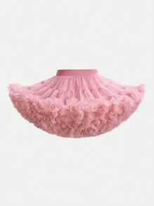 SHEIN 女婴幼儿 0-3 岁基本款奢华多层网眼蝴蝶结装饰蓬蓬蛋糕芭蕾短裙芭蕾舞裙，粉色芭蕾短裙