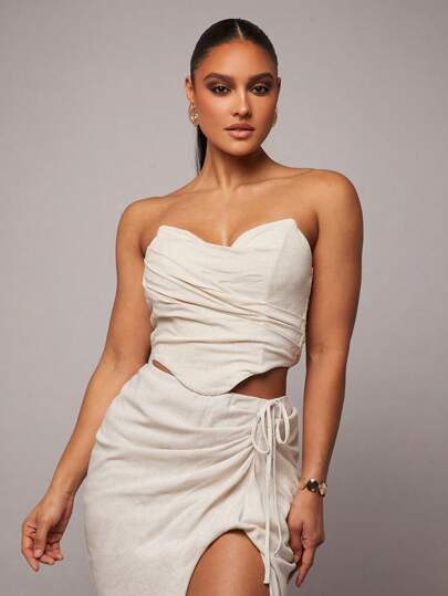 Silquee Summer Apricot Linen Asymmetric Hem Detail Tube Top, Romantic Valentine's Day And Date Top, Asymmetric Hem Tube Top, Romantic Date Top, Sexy Holiday Top, Old Money, Festival, Summer Classic