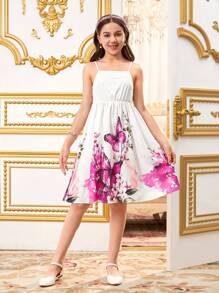 SHEIN Mädchen Tweens Cape-Ärmel Strickjacke & Schmetterling Muster Kleid Urlaubs 2 Stücke Set