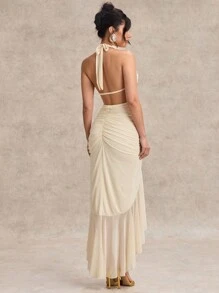 SHEIN BAE 优雅女士长裙，深 V 领，吊带设计，露背，褶皱紧身胸衣和高开衩，适合节日、派对、浪漫约会、与朋友聚会 - 杏色 - 查看 7