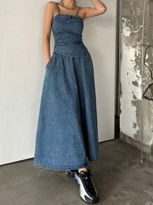 DAZY Conjunto de 2 piezas de top de tirantes y falda de mezclilla para mujer