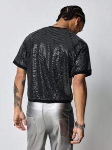 ROMWE MEN Street Life Men's Avant Round Neck Short Sleeve Casual Slim Fit Cropped T-Shirt - Black - View 6