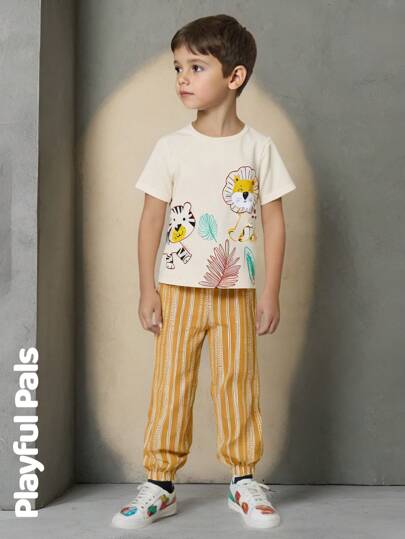 SHEIN 2pcs Toddler Boys Casual Cute Cartoon Animal Print Short Sleeve T-Shirt & Striped Elastic Waist Pants Set