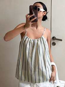 DAZY 女士宽松条纹吊带背心，休闲百搭夏季上衣 - 黑色 - 查看 4