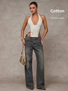 SHEIN BAE Women's Solid Color Eyelets Lace-Up Neck Backless Camisole - White - View 7