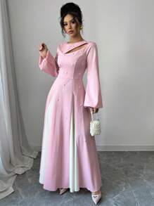 Modelyn Damen elegantes Zweifarbiges Ballonkleider mit durchbrochenem Gürtel A-Linie Maxikleid Damen Outfit