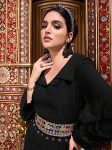 Al Najma Women's Solid Color Patchwork Long Sleeve Simple Casual Long Arabian Dress