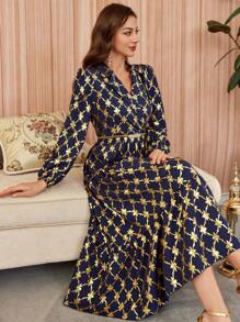 Modelyn Women's Elegant Foil Printing Lantern Sleeve Dress - Navy Blue - View 3