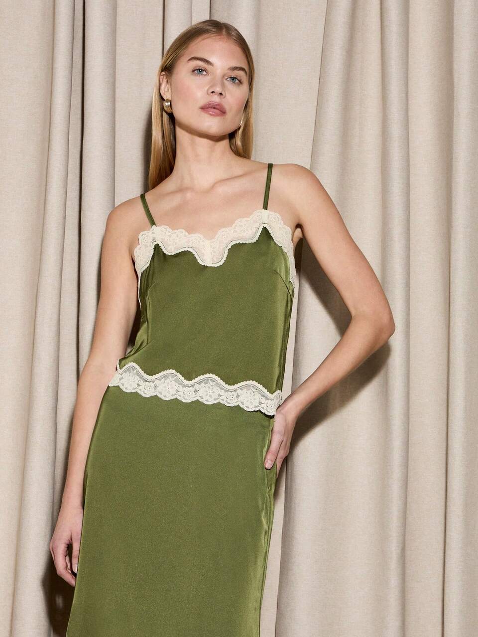 AiiRZ Elegant Satin Asymmetrical Lace Trim Two-Piece Set