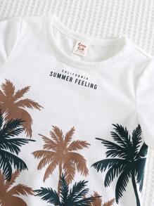 Cozy Pixies 2pcs Baby Boy Set: Coconut Tree Print Soft Knit Crew Neck Short Sleeve Pullover Top And Elastic Waist Shorts, Beach Outfit