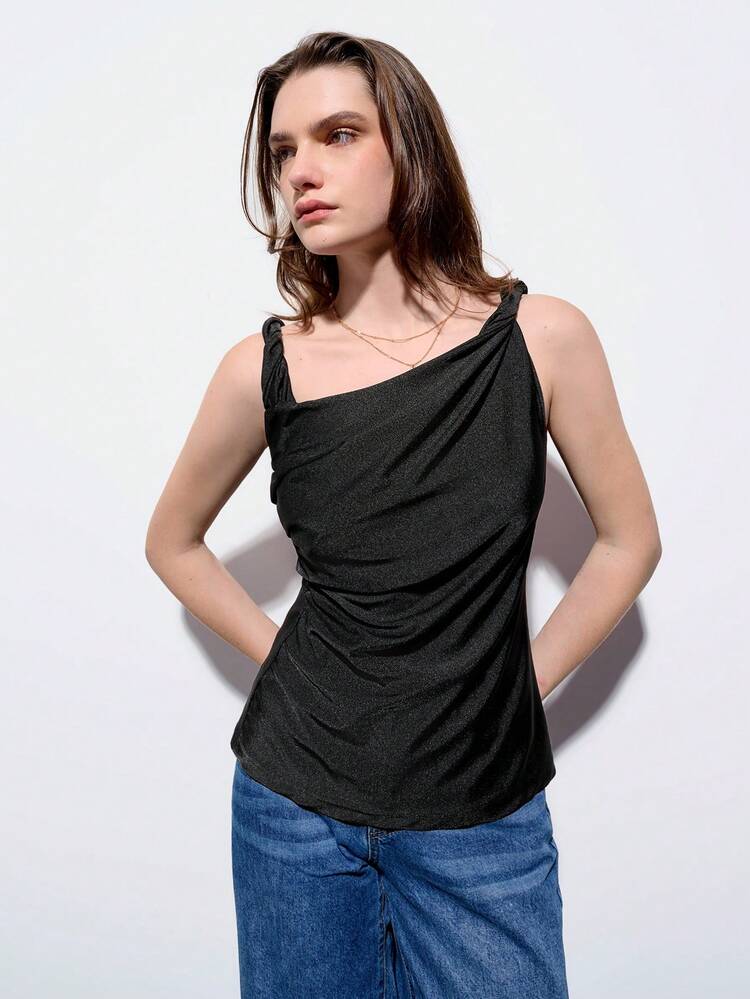 SHEIN Maija Spring And Summer New Style Black Pleated Asymmetric Waist Sexy Women's Tops, Urban Modern And Elegant, Daily Casual Commuting, Suitable For Going Out For Vacations, Festivals, Parties, Weddings And Dates.