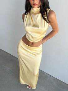 Aloruh Women Elegant Solid Stand Collar Sleeveless Top And Extra Long Skirt, 2 Pieces Set Valentine's Day Two Pieces Set Women Vacation Outfits Elegant Beach Outfits - Yellow - View 6