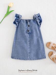 Cozy Pixies Vestido de mezclilla sin mangas con cuello cuadrado y volantes para bebé niña - Azul - Ver 2