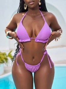 Slaydiva 3pcs Purple Sexy Vacation Women Outfit Bikini Set & Cover Up Skirt, For Summer Beach