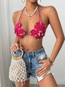 SHEIN Swim Women Handmade Crochet 3D Floral & Shell Tie Beachwear Halter Cover Up Top, For Summer Beach Vacation - Hot Pink - View 1