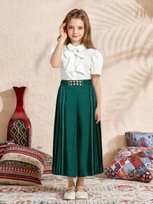 Elegant Vintage Collared Short Sleeve Solid Top With Detachable Bow Accent And High Waist Pleated Wide Leg Solid Color Pants Set For Tween Girls, Summer - Green - View 7