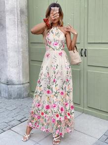 Breezaya Elegant Apricot Backless Tie Waist A-Line Floral Embroidered Dress - Apricot - View 4