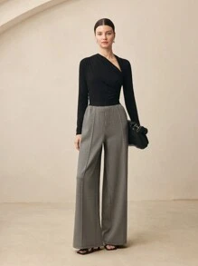 BizChic 女式千鸟格图案直筒裤，女士春夏办公服装 - 灰色 - 查看 2