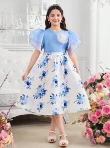 SHEIN Leap Crew Tween Girls 2pcs Set Layered Ruffle Sleeve Blouse & Floral Print Skirt - Blue and White - View 7