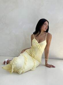 Aloruh Women's Solid Color Romantic Date Dress V-Neck Spaghetti Strap Yellow Lace Layered Ruffle Mermaid Hem Bodycon Dress, Suitable For Spring And Summer Vacation,Summer Dresses
Spring Clothes - Yellow - View 5