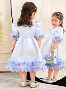 SHEIN 女婴立领短袖荷叶边缎面中长连衣裙 - 藍色 - 查看 3