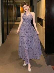 DAZY Damen Batik-Muster plissiertes Neckholder Midi-Kleid für den Sommer, Kleid für Hochzeit mit Blumenmuster - Verschiedenfarbig - Übersicht 4