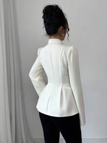 Modelyn 女士编织杏色收腰翻领双排扣长袖西装外套 - 杏色 - 查看 2