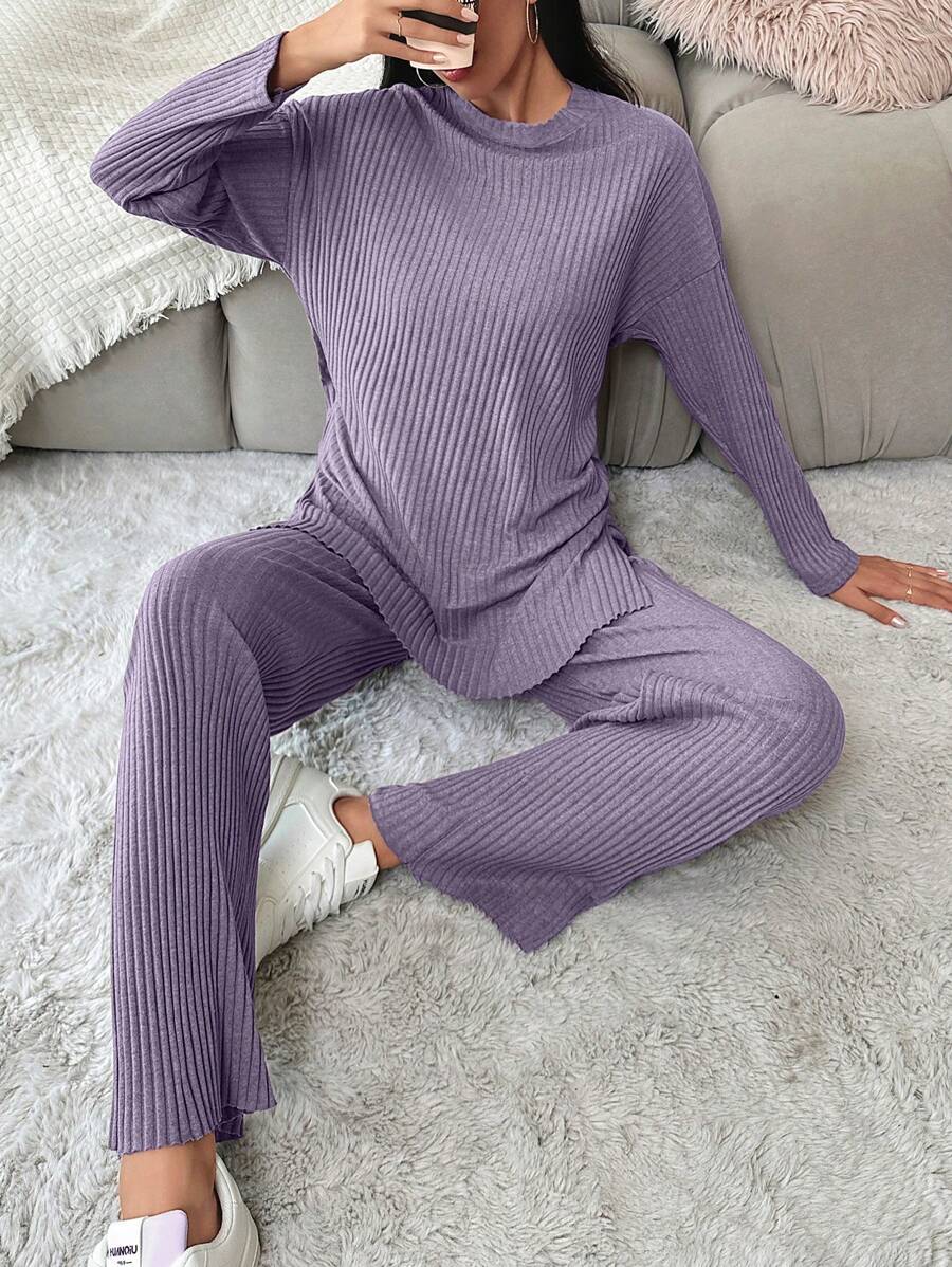 EURMUSE Set de 2 piezas de algodón con top y pantalones de unicolor y diseño sencillo - Lila Púrpura - Ver 1