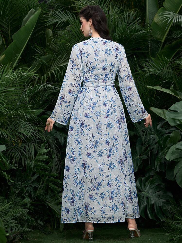 Al Najma 女式 V 领长袖花卉印花休闲阿拉伯连衣裙 - 藍色 - 查看 2