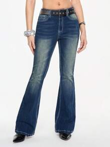 ROMWE Grunge Punk Jeans acampanados de tiro bajo y recortados con diseño de bolsillo bordado con cruz y alas, estilo vintage Y2K para mujeres