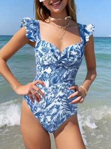 SHEIN 少女蓝白瓷花卉印花扭纹前 V 领吊带背心海滩度假泳衣，适合海滩、情人节、优雅、波西米亚风/复古 - 藍白色 - 查看 4