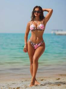 Swim SXY Springbreak Women's Leopard Print Halter Tie Side Bikini Set For Summer Beach Vacation - Multicolor - View 4