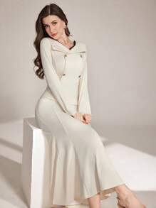 Modelyn Spring New V-Neck Hollow Lace Elegant Design Fitted Fishtail Dress