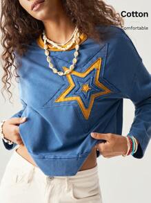 Bohemela Casual Color Block Crew Neck Drop Shoulder Long Sleeve Loose Cropped Women Sweatshirt In Fall/Winter - Multicolor - View 1