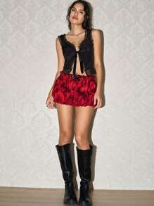 SHEIN EZwear Women's Floral Print Frill Trim & Bow Decor Fashion Shorts - Red - View 3