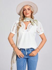 SHEIN LUNE 度假宽松刺绣镂空泡泡袖女士衬衫 - 白色 - 查看 1