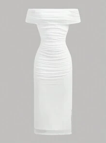 SHEIN Girlism Teen Girl White Elegant Off-Shoulder Pleated Mesh Snug Fit Dress, Party Dress, Birthday Outfit Graduation Dress - White - View 6