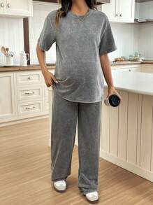 SHEIN Casual Round Neck Short Sleeve Straight Leg Pants Maternity Set, Distressed Washed Relaxed Fit - Dark Grey - View 7