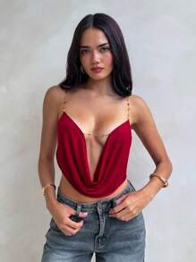 Aloruh Top casual de mujer con decoración de cadena simple, adecuado para vacaciones, Día de San Valentín, top sin espalda, conjuntos de vacaciones elegantes, conjuntos de playa, conjuntos de rave, vestido largo de top burdeos sexy para fiesta y playa, top ajustado bohemio rojo, vestidos de fiesta, conjuntos de rave y festival