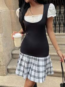 SHEIN Explorewe Teenager Mädchen 2-in-1 Set mit Spitzensaum Quadratkragen Strick Kurzarm T-Shirt und plissiertem Kleid, ideal für Schule, Lässig oder Partys. Diese Kombination zeigt die jugendliche Lebendigkeit und den eleganten, künstlerischen Stil, der perfekt für Teenager Mädchen ist. - Weiss - Übersicht 5