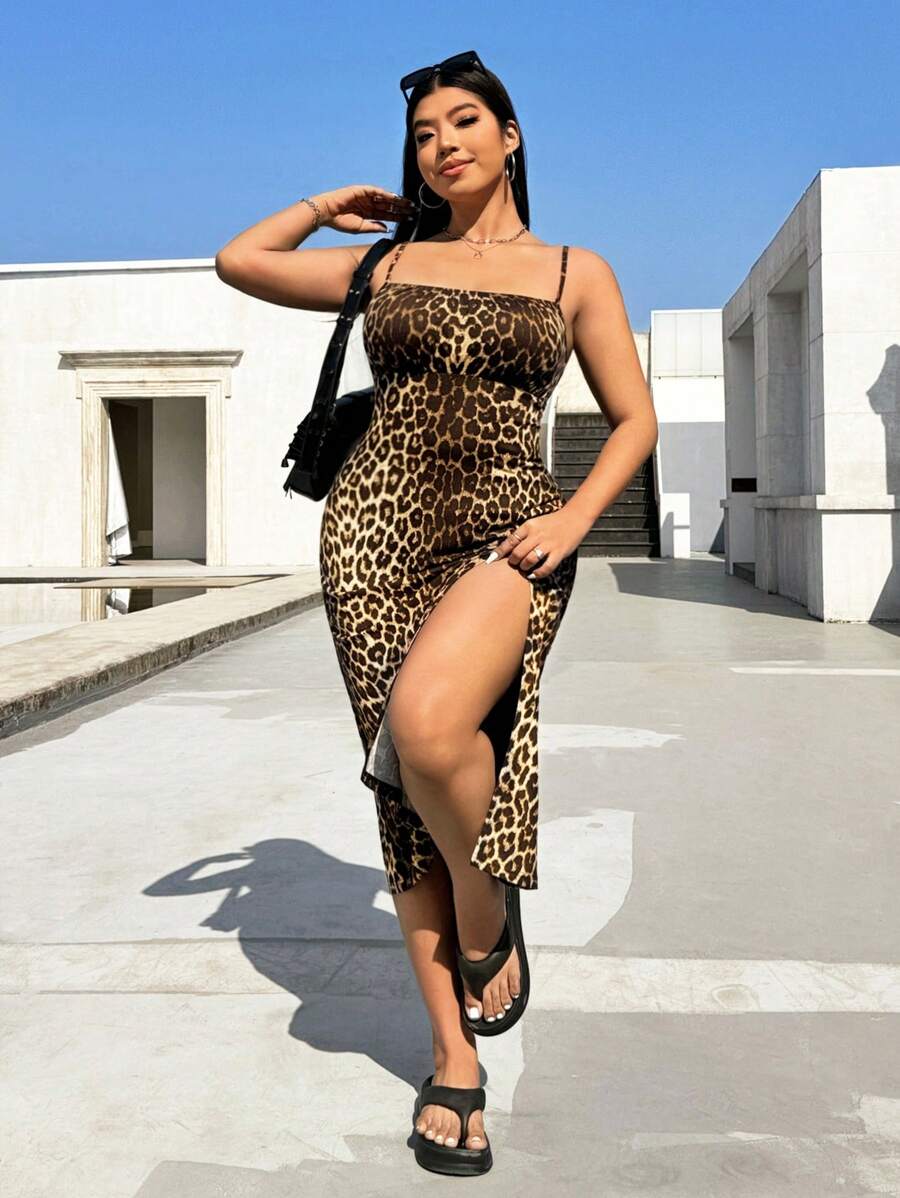 Solflare Plus Size Leopard Print Bodycon Slit Spaghetti Strap Casual Dress For Summer - Multicolor - View 1