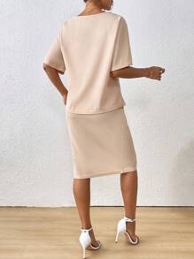 SHEIN Clasi 2pcs/Set Women Solid Color Short Sleeve Casual Top And Skirt - Apricot - View 2