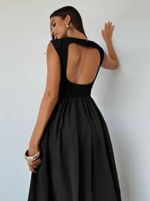 Aloruh Vestidos largos elegantes de mujer con cuello redondo, mangas cortas, espalda ajustada y mangas de campana - Vestidos elegantes de verano para mujer - Vestidos de vacaciones - Vestidos de mujer - Vestidos de verano de mujer - Vestidos negros de mujer - Vestidos de cumpleaños de mujer