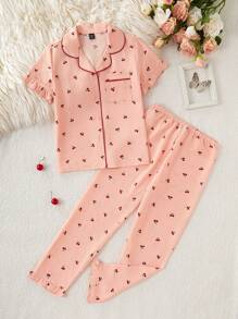 Girl's Scalloped Collar Ruffle Floral Print Pajama Set, Fashion Youth