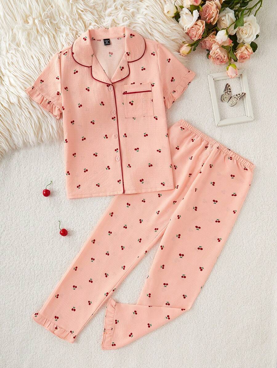 Girl's Scalloped Collar Ruffle Floral Print Pajama Set, Fashion Youth