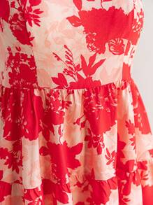 Soleia Vestido corto de línea A con cuello cuadrado, sin mangas, con lazo, cintura ajustada y estampado floral bohemio, en estilo romántico campestre para mujer de talla grande, para el verano