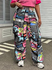 Muchica Pantalones cargo de talla grande con estampado de dibujos animados, cintura con cordón y múltiples bolsillos con pliegues - Negro - Ver 4